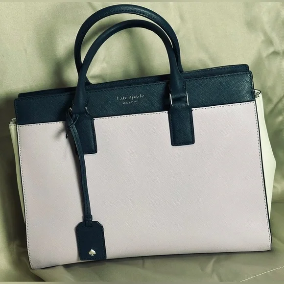 Kate Spade Large 3 tone leather handbag. Baby Lilac, Navy & White. EUC. - Picture 2 of 15